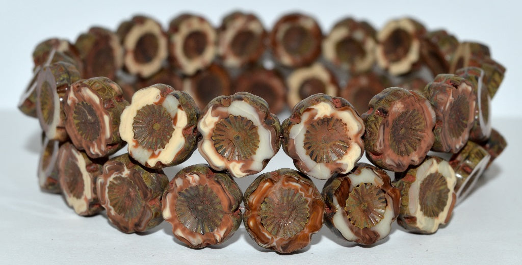 Table Cut Round Beads Hawaii Flowers, Brown Travertin (Brown 86800), Glass, Czech Republic