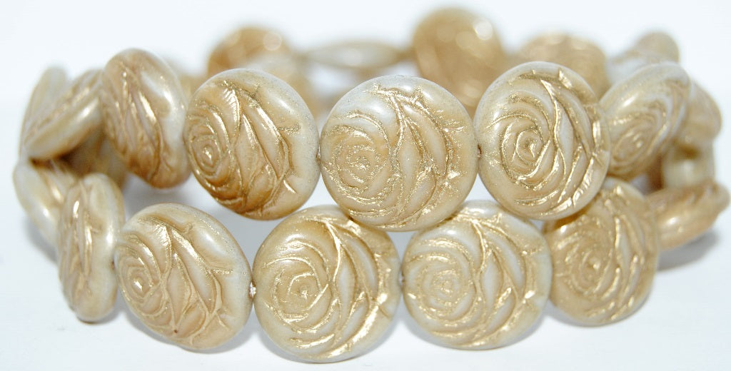 Round Flat Rose Flower Pressed Glass Beads, Dark Beige 54202 (7193 54202), Glass, Czech Republic