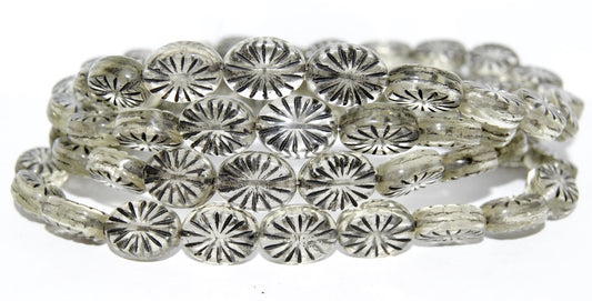 Flat Oval Pressed Glass Beads With Rays, Transparent Yellow 23202 (80010 23202), Glass, Czech Republic