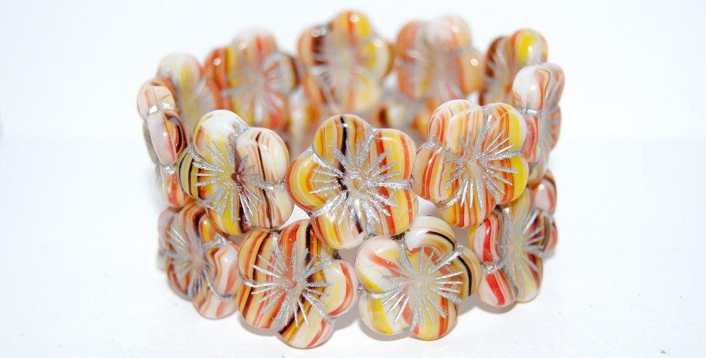 Round Flower Hibiskus Pressed Glass Beads, (95810 54201), Glass, Czech Republic