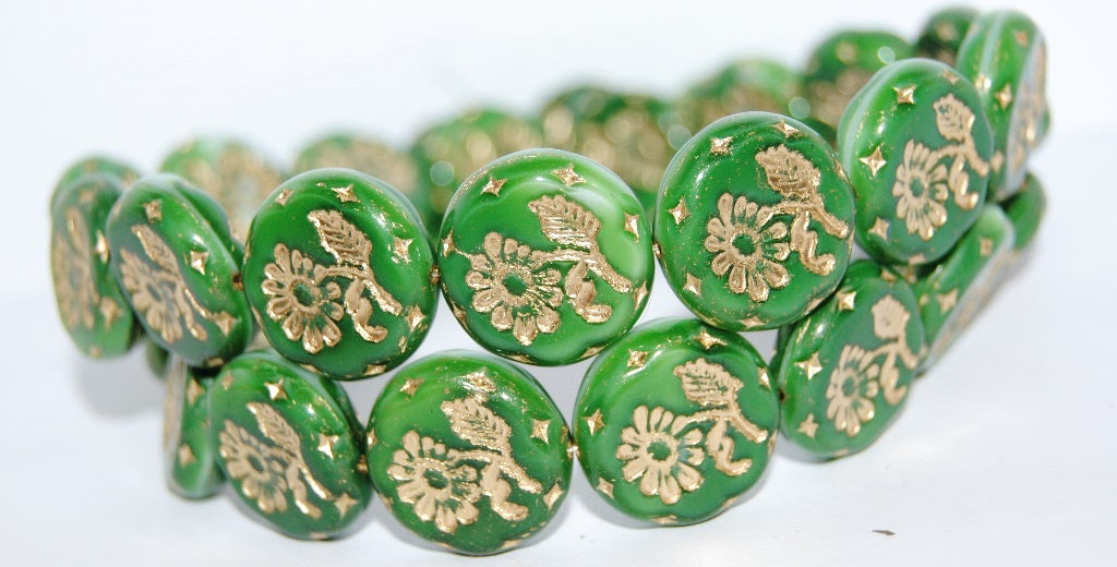 Round Flat With Flower Marguerite Pressed Glass Beads, (7504 54202), Glass, Czech Republic
