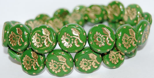 Round Flat With Flower Marguerite Pressed Glass Beads, Opaque Green 54202 (54020 54202), Glass, Czech Republic