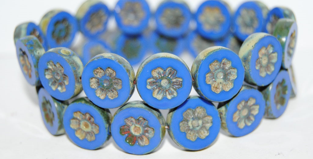 Table Cut Round Beads With Flower, Opaque Light Blue 66800 (33010 66800), Glass, Czech Republic