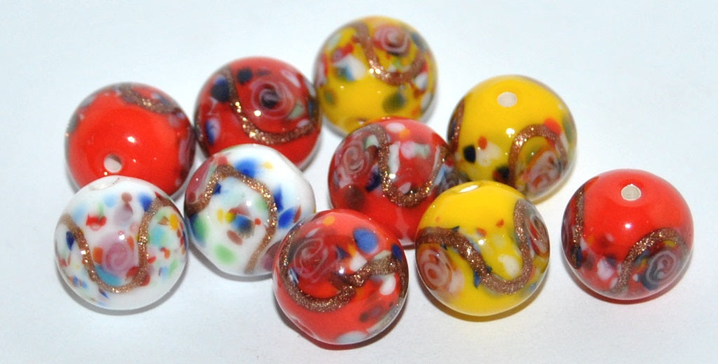 Czech Glass Hand Made Round Lampwork Beads With Flower And Aventurine, Matte (M), Glass, Czech Republic