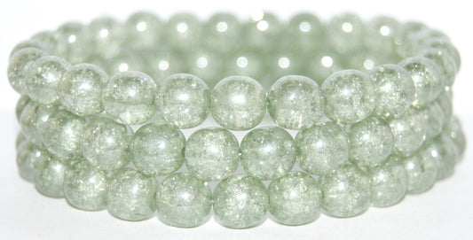 Round Pressed Glass Beads Druck, Luster Green Full Coated Crack (14457 Crack), Glass, Czech Republic