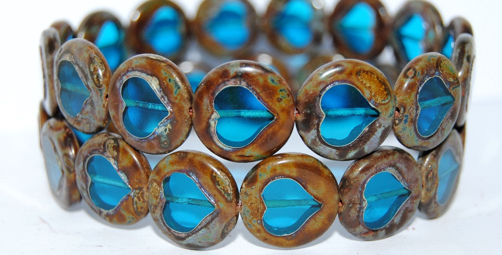 Table Cut Round Beads With Heart, Transparent Aqua Travertin (60050 86800), Glass, Czech Republic