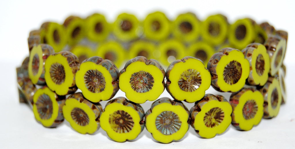 Table Cut Round Beads Hawaii Flowers, Opaque Green Travertin (53400 86800), Glass, Czech Republic