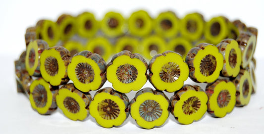 Table Cut Round Beads Hawaii Flowers, Opaque Green Travertin (53400 86800), Glass, Czech Republic