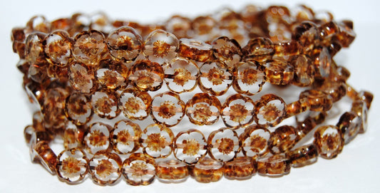 Table Cut Round Beads Hawaii Flowers, Crystal Travertin (30 86800), Glass, Czech Republic