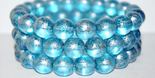 Round Pressed Glass Beads Druck, Transparent Aqua 54201 (60010 54201), Glass, Czech Republic