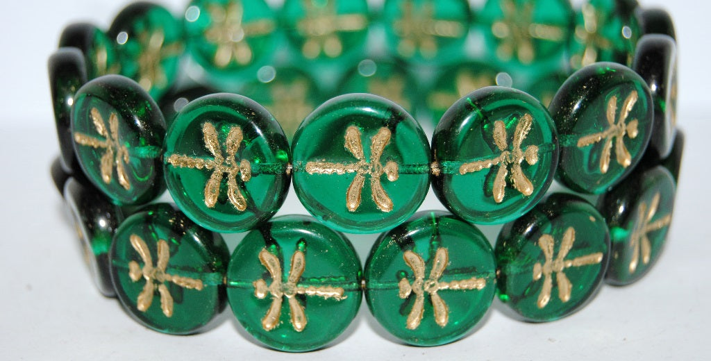 Round Flat Wit Dragonfly Pressed Glass Beads, Transparent Green Emerald 54202 (50720 54202), Glass, Czech Republic