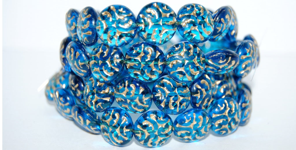 Lentil Round With Ornament Brain Pressed Glass Beads, Transparent Aqua 54202 (60050 54202), Glass, Czech Republic