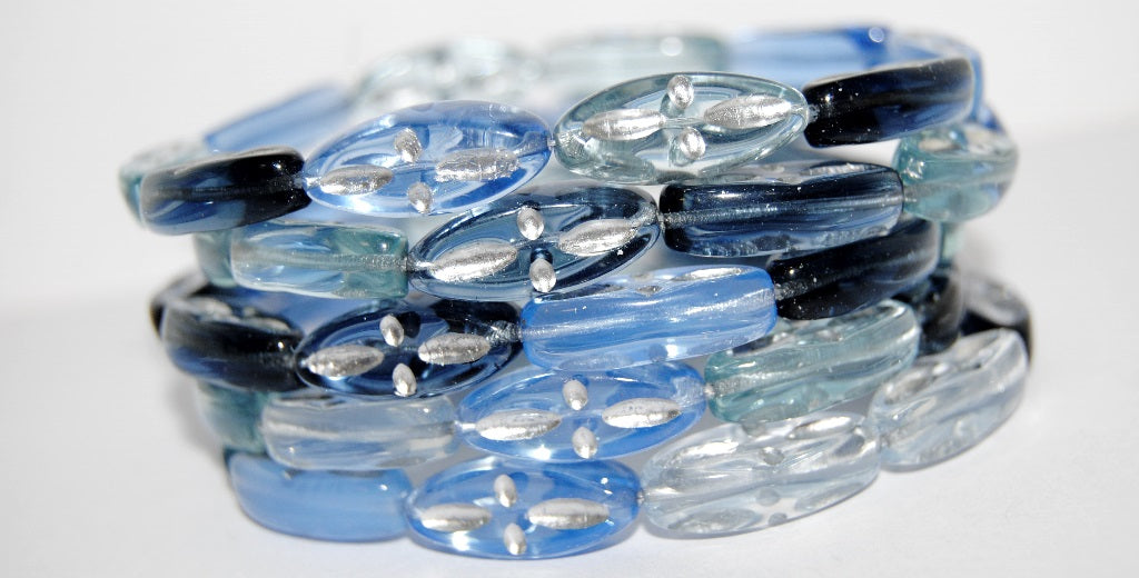 Boat Oval Pressed Glass Beads With Decor, Mixed Colors Blue 54201 (Mix Blue 54201), Glass, Czech Republic
