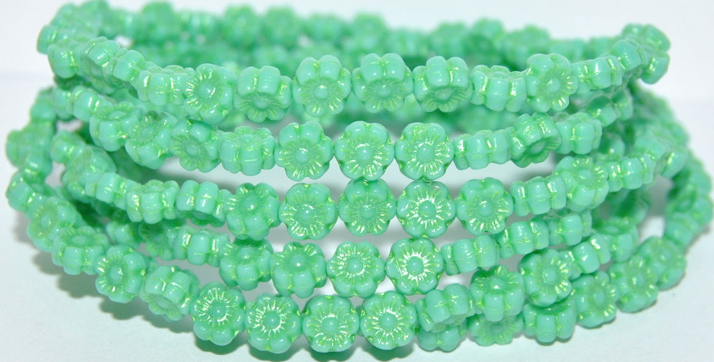 Hawaii Flower Pressed Glass Beads, Turquoise 43813 Metalic (63130 43813 Metalic), Glass, Czech Republic