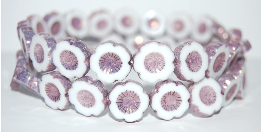 Table Cut Round Beads Hawaii Flowers, White Bronze (2010 14415), Glass, Czech Republic