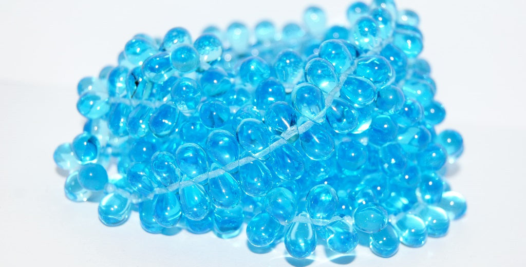 Pear Drop Pressed Glass Beads, Transparent Aqua (60020), Glass, Czech Republic