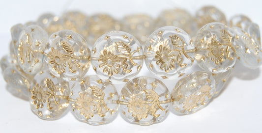 Round Flat With Flower Marguerite Pressed Glass Beads, (01000B 54202), Glass, Czech Republic