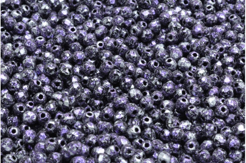 ファセット加工ラウンドビーズ、ブラックツイードバイオレット（23980-45710）、ボヘミアクリスタルガラス、チェコ共和国