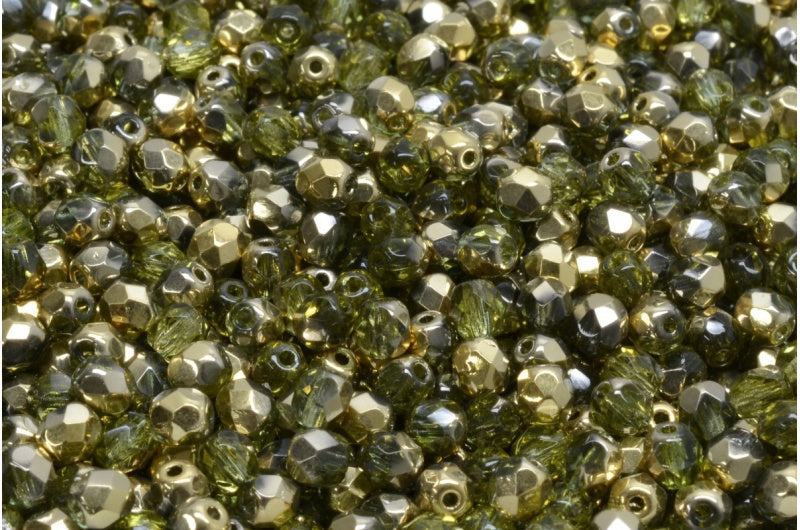 ファセット加工ラウンドビーズ、透明グリーンゴールド（50400-26441）、ボヘミアクリスタルガラス、チェコ共和国