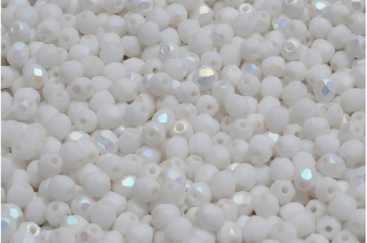 Fire Polished Faceted Beads Round, Chalk White Matte Ab (03000-84100-28701), Bohemia Crystal Glass, Czech Republic