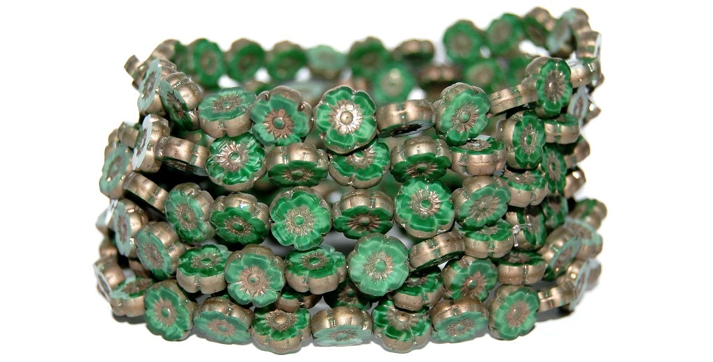 Table Cut Round Beads Hawaii Flowers, 56100 Bronze Matte (56100 14415 M), Glass, Czech Republic