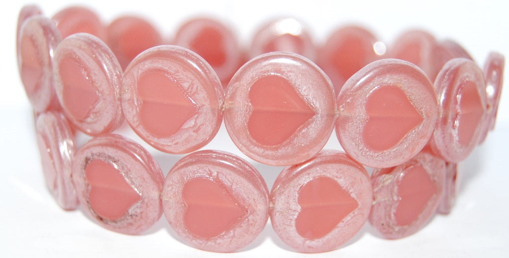 Table Cut Round Beads With Heart, Opal Pink Hematite (71010 14400), Glass, Czech Republic