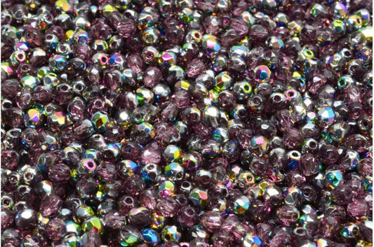 ファセット加工ラウンドビーズ、アメジストクリスタル、ヴィトレイルミディアムコーティング（20060-28101）、ボヘミアクリスタルガラス、チェコ共和国