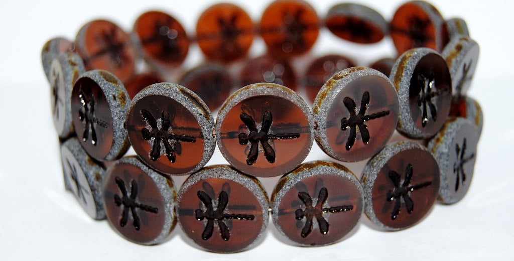 Table Cut Round Beads With Dragonfly, Transparent Brown Antiq (10210 Antiq), Glass, Czech Republic