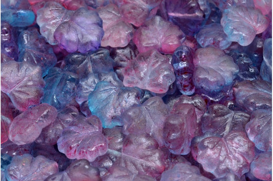 メープルリーフビーズ、クリスタルエッチング青赤透明染色（00030-ETCH-48013）、ガラス、チェコ共和国