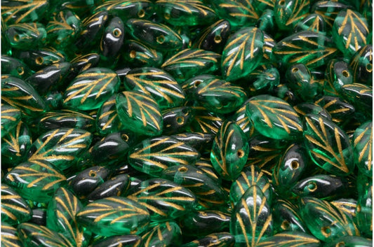 Beech Leaf Beads, Transparent Green Emerald Gold Lined (50720-54202), Glass, Czech Republic