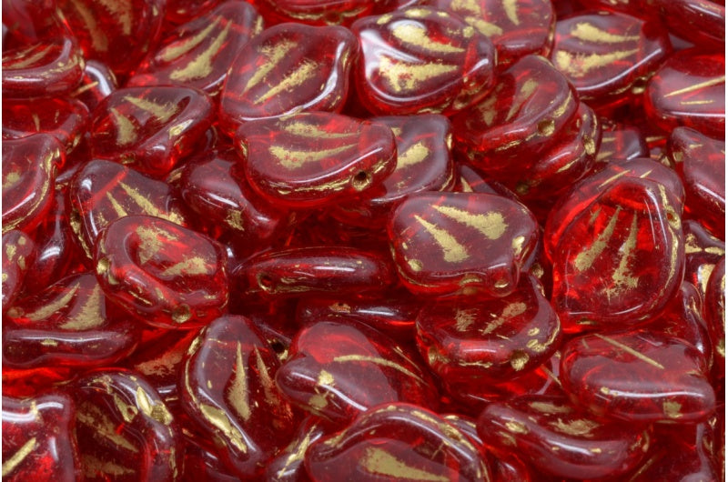 牡丹花瓣珠，红宝石红金色内衬 (90080-54202)，玻璃，捷克共和国