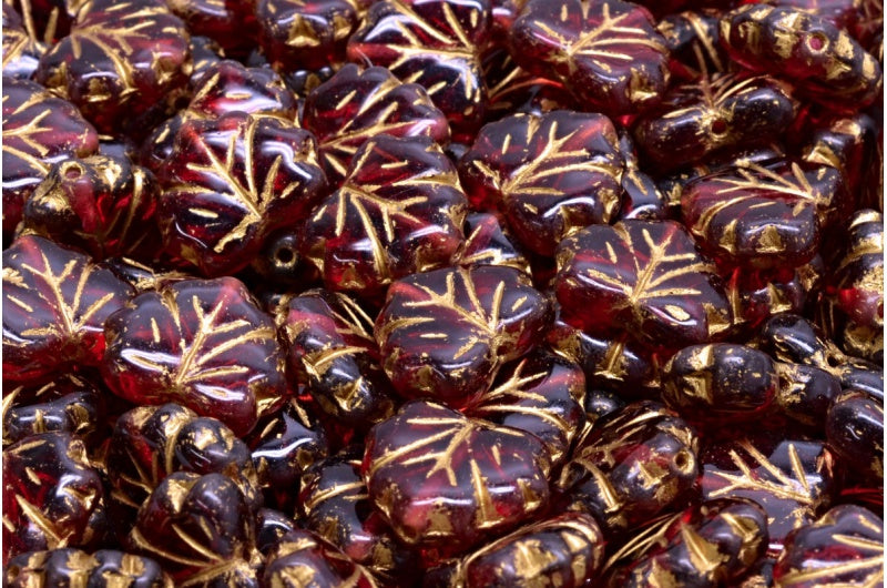 メープルリーフビーズ、透明ピンクゴールドライン（70010-54302）、ガラス、チェコ共和国