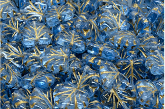 メープルリーフビーズ、透明ブルー、金線入り（30020-54302）、ガラス、チェコ共和国