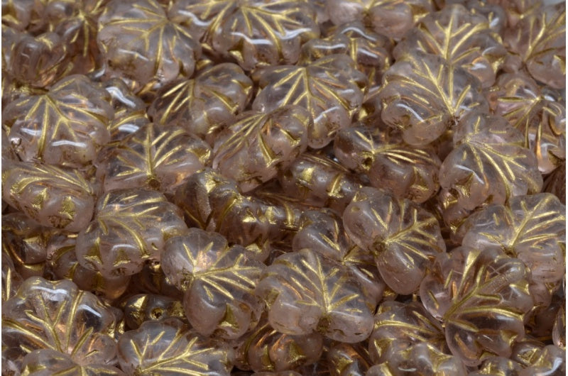 メープルリーフビーズ、透明ピンクゴールドライン（70120-54302）、ガラス、チェコ共和国