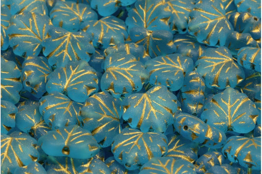 メープルリーフビーズ、透明アクアマットゴールドライン（60020-84100-54302）、ガラス、チェコ共和国