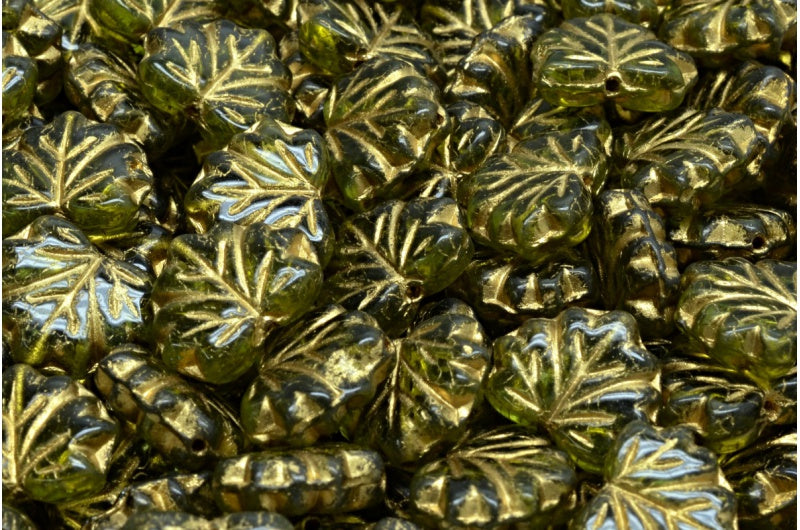 メープルリーフビーズ、透明グリーンゴールドライン（50220-54302）、ガラス、チェコ共和国