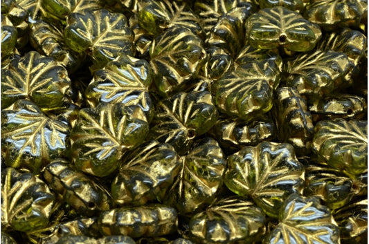 メープルリーフビーズ、透明グリーンゴールドライン（50220-54302）、ガラス、チェコ共和国