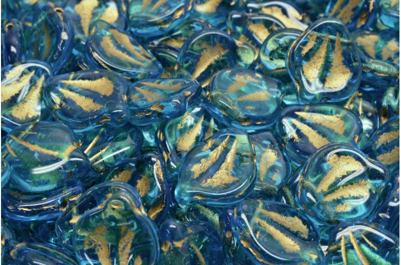 Peony Petal Beads, Transparent Aqua Gold Lined (60200-54202), Glass, Czech Republic