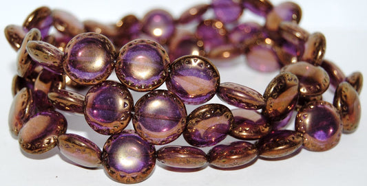 Flat Round Pressed Glass Beads With Ornament, Crystal Luster Violet Full Coated (30 14496), Glass, Czech Republic