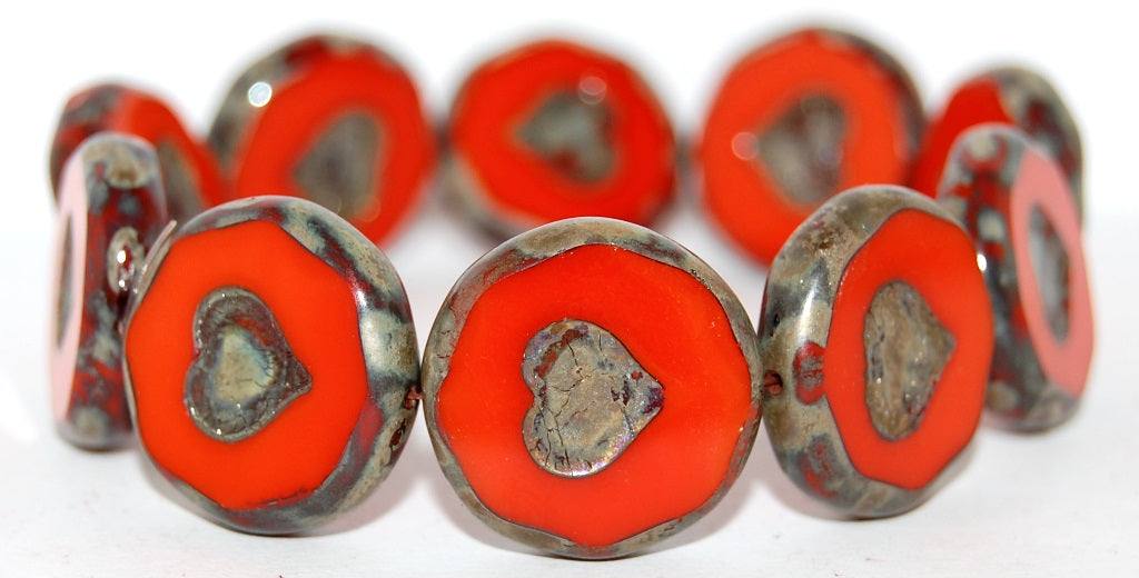 Table Cut Round Beads With Heart, Opaque Orange 43400 (93160 43400), Glass, Czech Republic