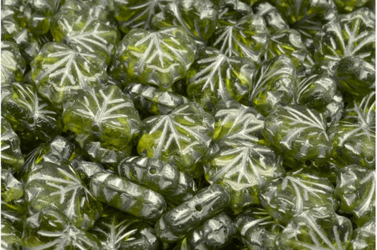 メープルリーフビーズ、透明グリーン、シルバーライン（50220-54301）、ガラス、チェコ共和国