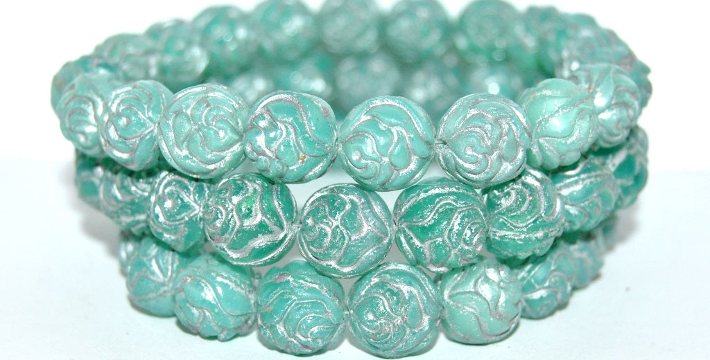 Round Rose Pressed Glass Beads, Opal Aqua 54201 Uranium (61100 54201 Uranium), Glass, Czech Republic