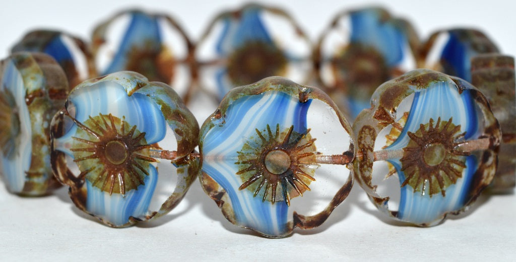 Table Cut Round Beads Hawaii Flowers, 65014 Travertin (65014 86800), Glass, Czech Republic