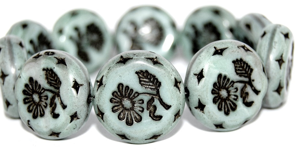 Round Flat With Flower Marguerite Pressed Glass Beads, (47514 23202), Glass, Czech Republic