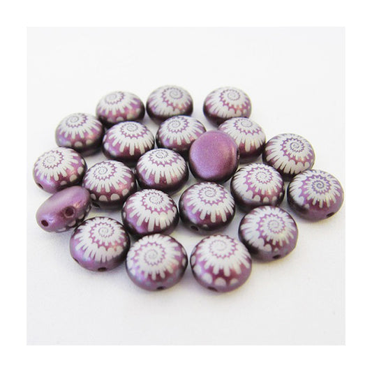 PRECIOSA Candy beads 2-hole round glass cabochon Laser Etched Decor On Bordeaux Glass Czech Republic