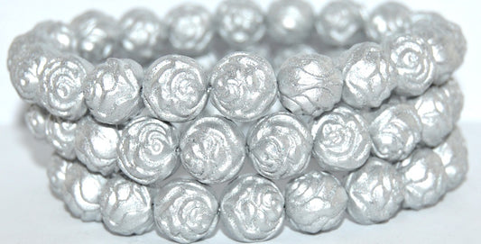 Round Rose Pressed Glass Beads, Silver Colored (1700), Glass, Czech Republic