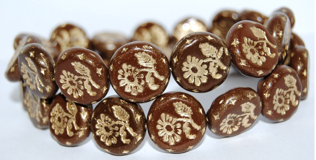 Round Flat With Flower Marguerite Pressed Glass Beads, (16617B 54202), Glass, Czech Republic