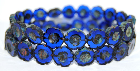 Table Cut Round Beads Hawaii Flowers, Transparent Blue 86801 (30080 86801), Glass, Czech Republic