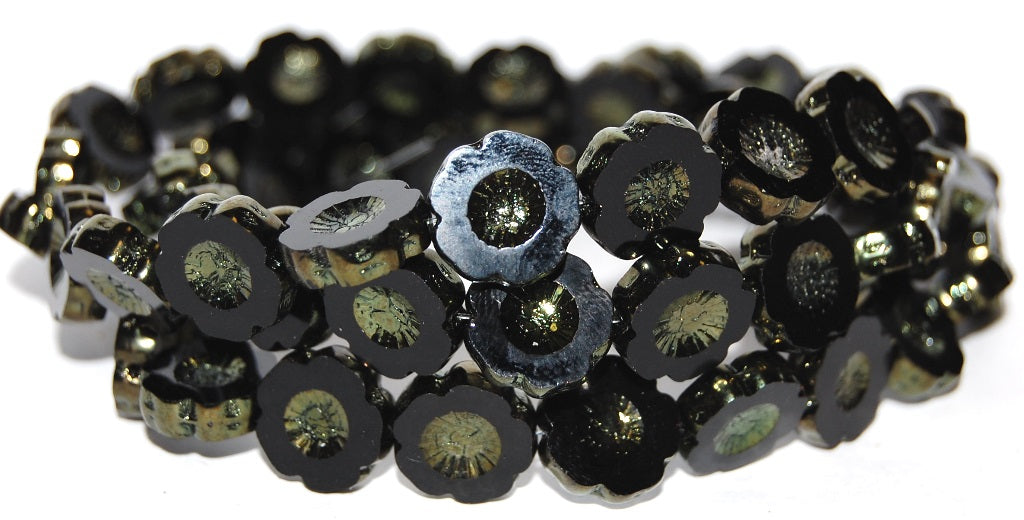 Table Cut Round Beads Hawaii Flowers, Black Luster Red Full Coated (23980 14495), Glass, Czech Republic