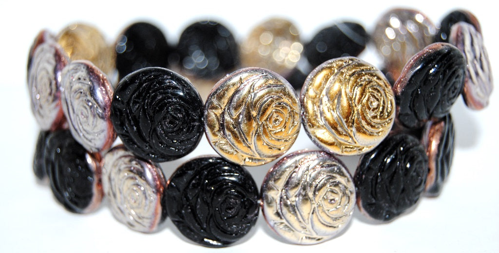 Round Flat Rose Flower Pressed Glass Beads, Black Prismatic Phoenix (23980 27104), Glass, Czech Republic